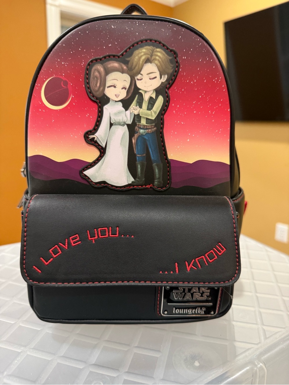 Loungefly Black Backpack with Han and Leia “I love you…I know” Design